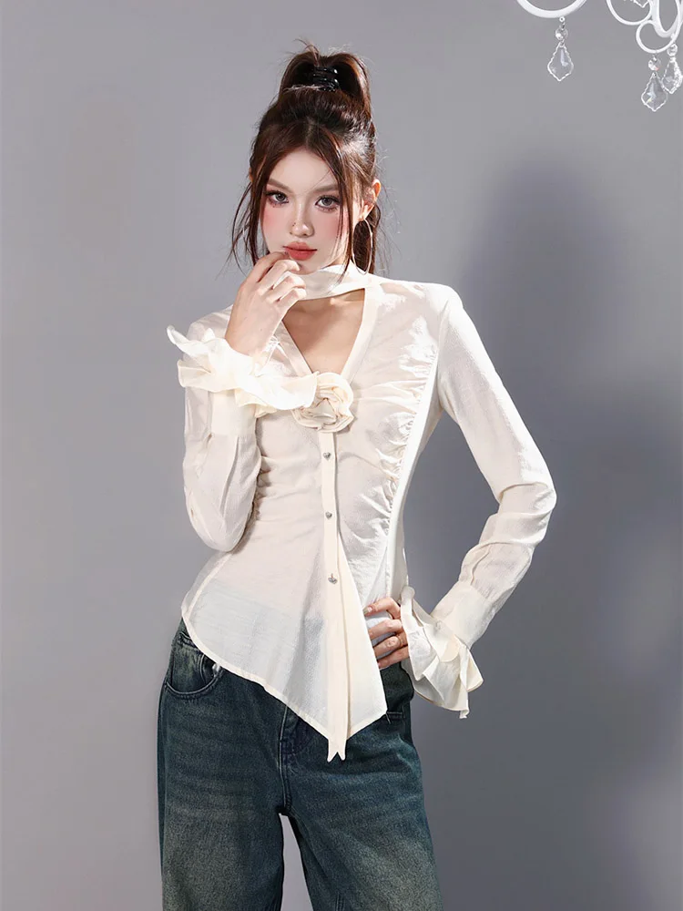 

French Retro Three-dimensional Flower V-neck Long Sleeved Shirt Autumn New Fashion Blouse Women Y2k Tops