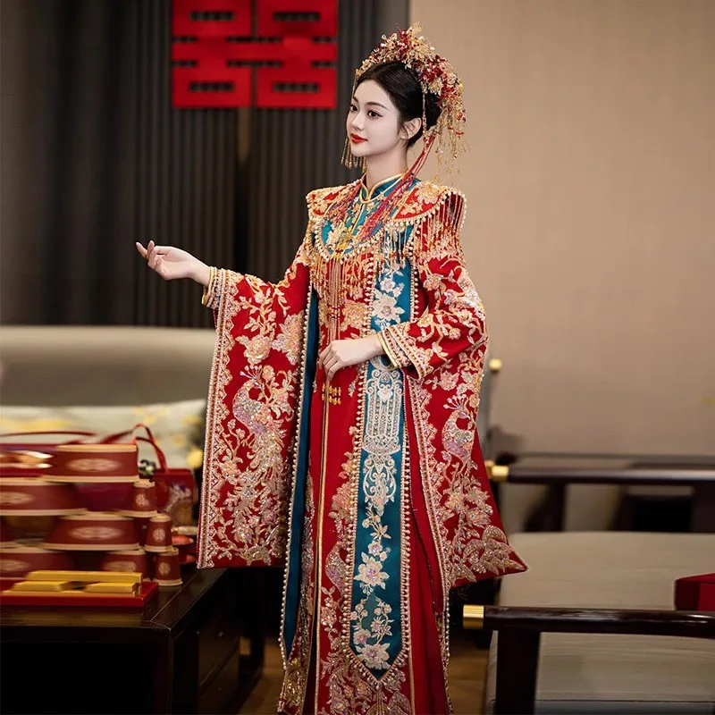 豪華な新しい頑丈な中国風の龍と鳳凰のガウンウェディングドレスクラウンレッドケープ