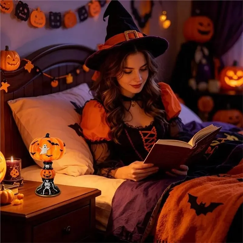 Halloween Pumpkin Table Lamp Resin Figurine Ghost Bat Skeleton Statue Light Spooky Home Desktop Holiday Party Decoration Ornamen