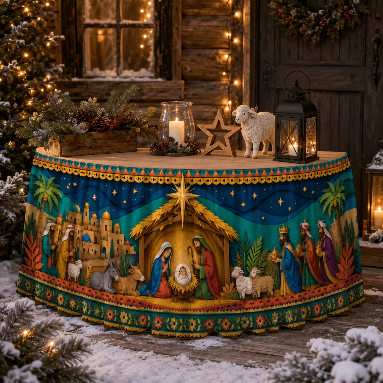 One tablecloth or table skirt in paper-cut style depicting the scene of the birth of Jesus, featuring the Holy Family.zyc