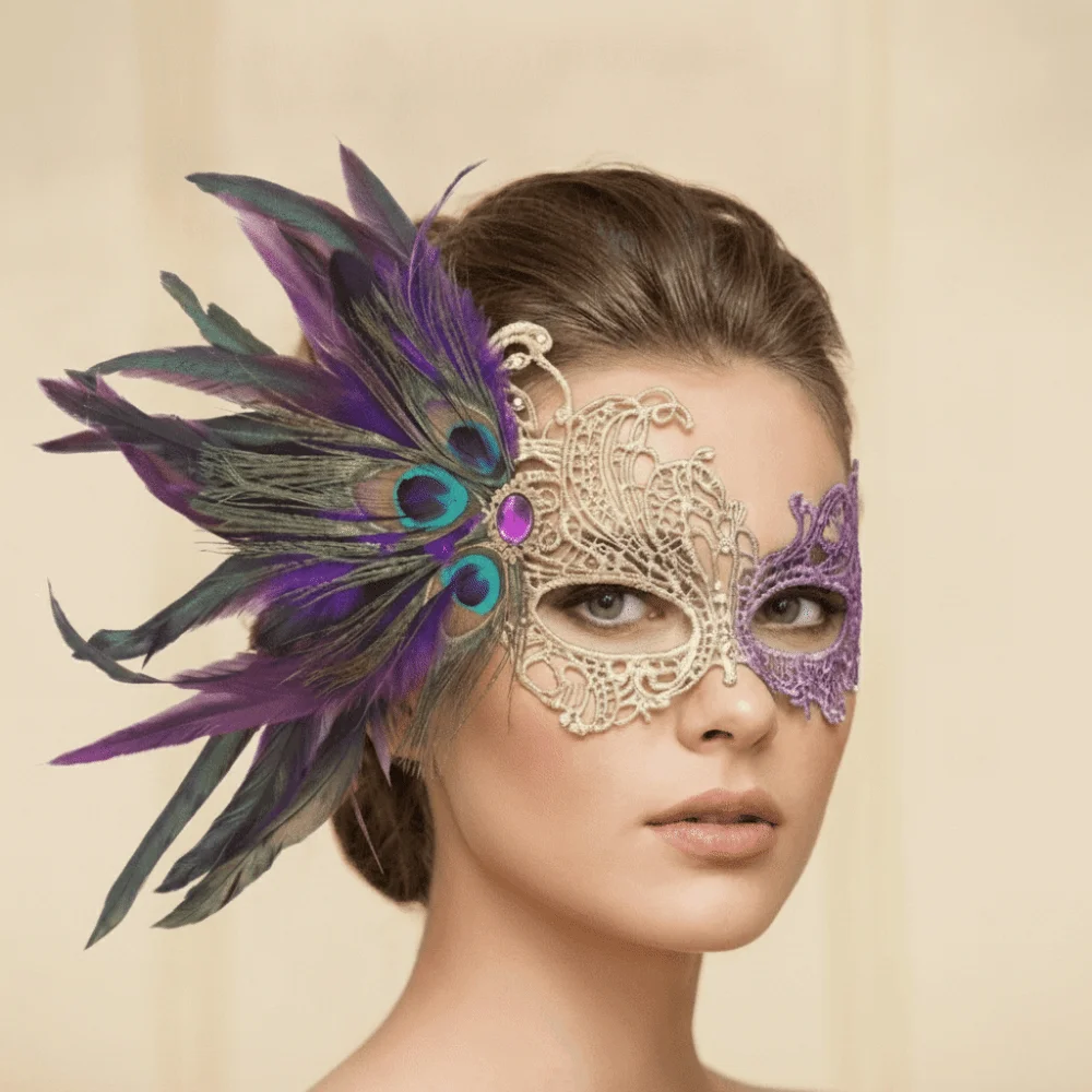 Fancy Rhinestone Half-Face Lace Mask Seductive Style Cosplay Masquerade Mask Fancy Prom Multicolor Feather Mask Makeup Festival