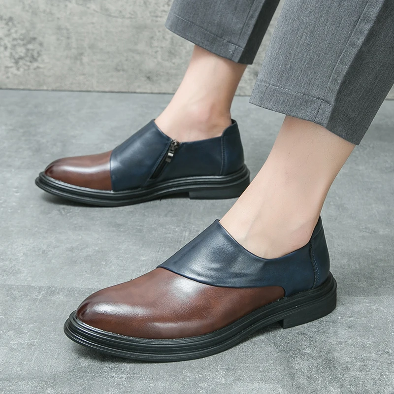 Men Two-Tone Casual Dress Shoes Stylish Comfortable Zip-Up Oxford Shoes for Business Leisure Minimalist Design with Side Zipper