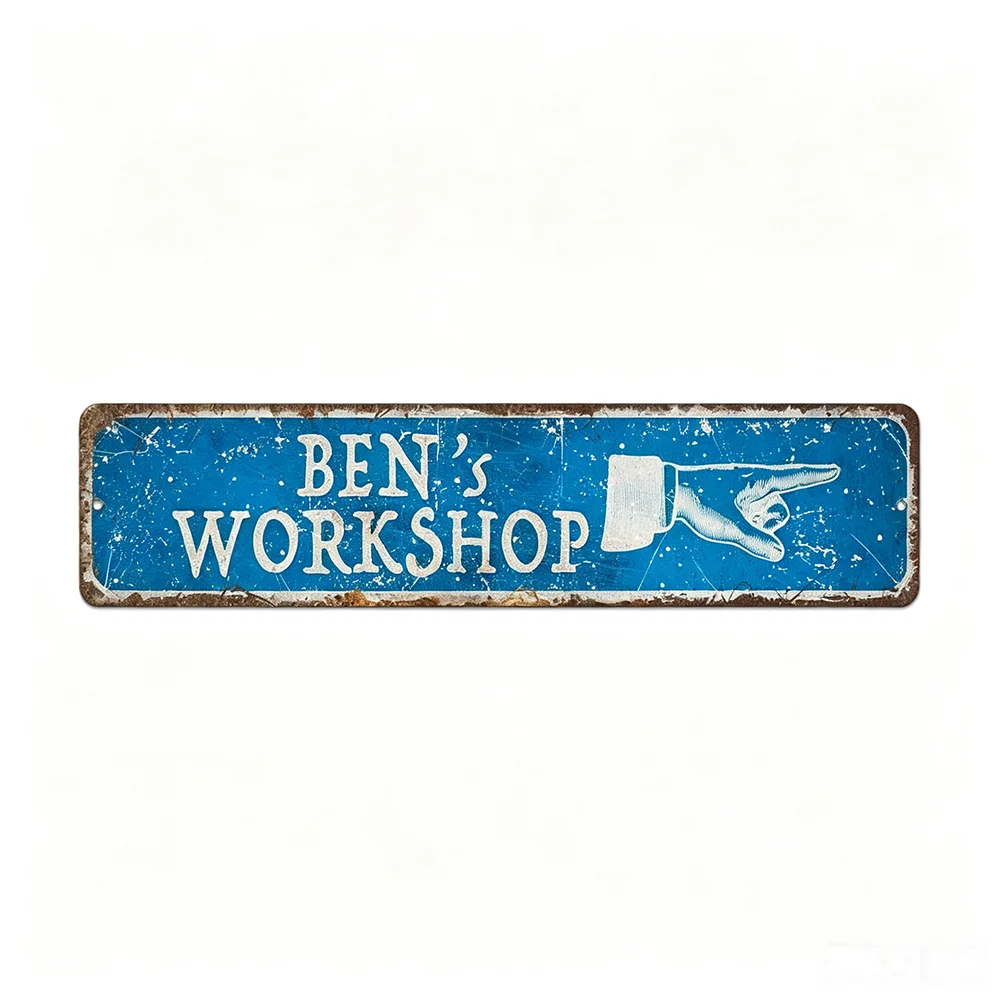 1pc Customizable Pointing Hand Metal Plaque, Blue Vintage Distressed Ben's Workshop Wall Sign for Garage Decor (Decor Only)