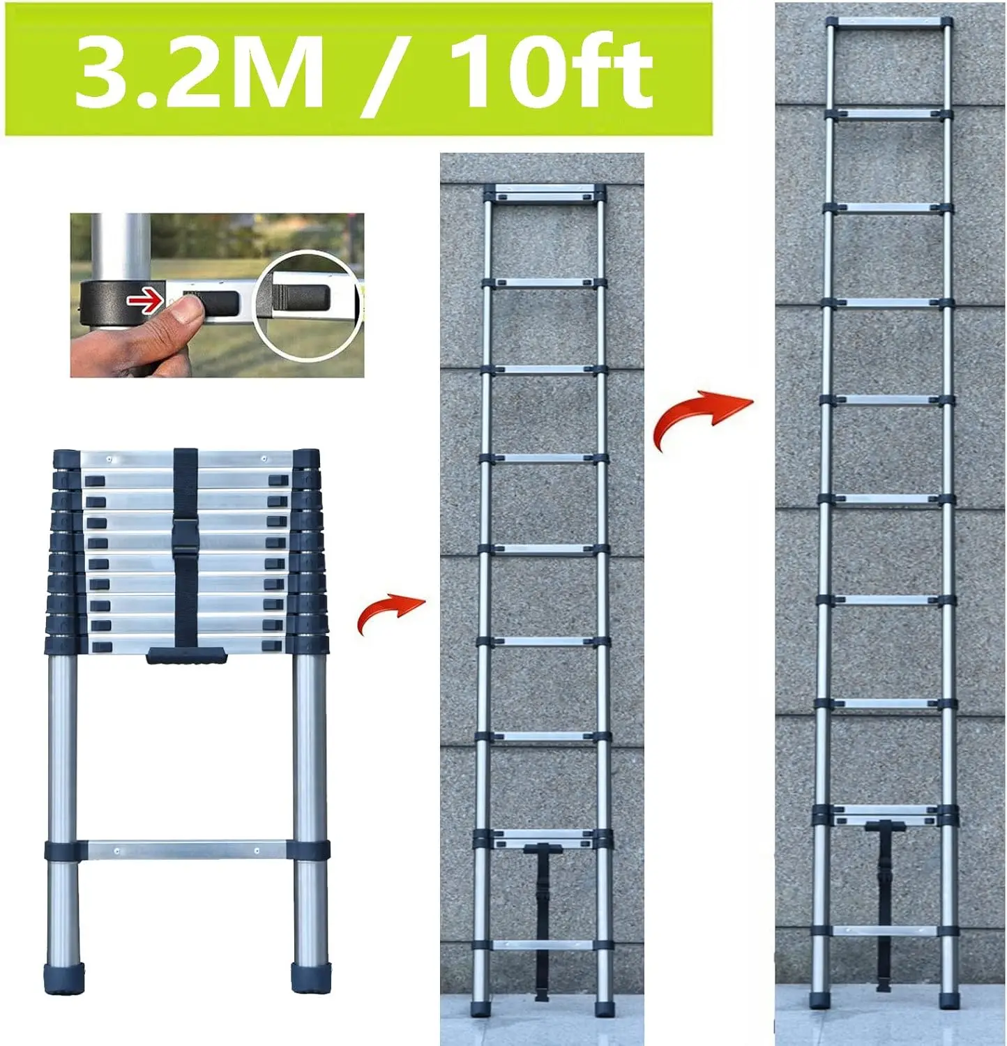 10FT Stainless Steel Extension Ladder for Home Collapsible Ladders 330 Lb Max Capacity, Multi-Purpose Telescopic Ladder for Roof