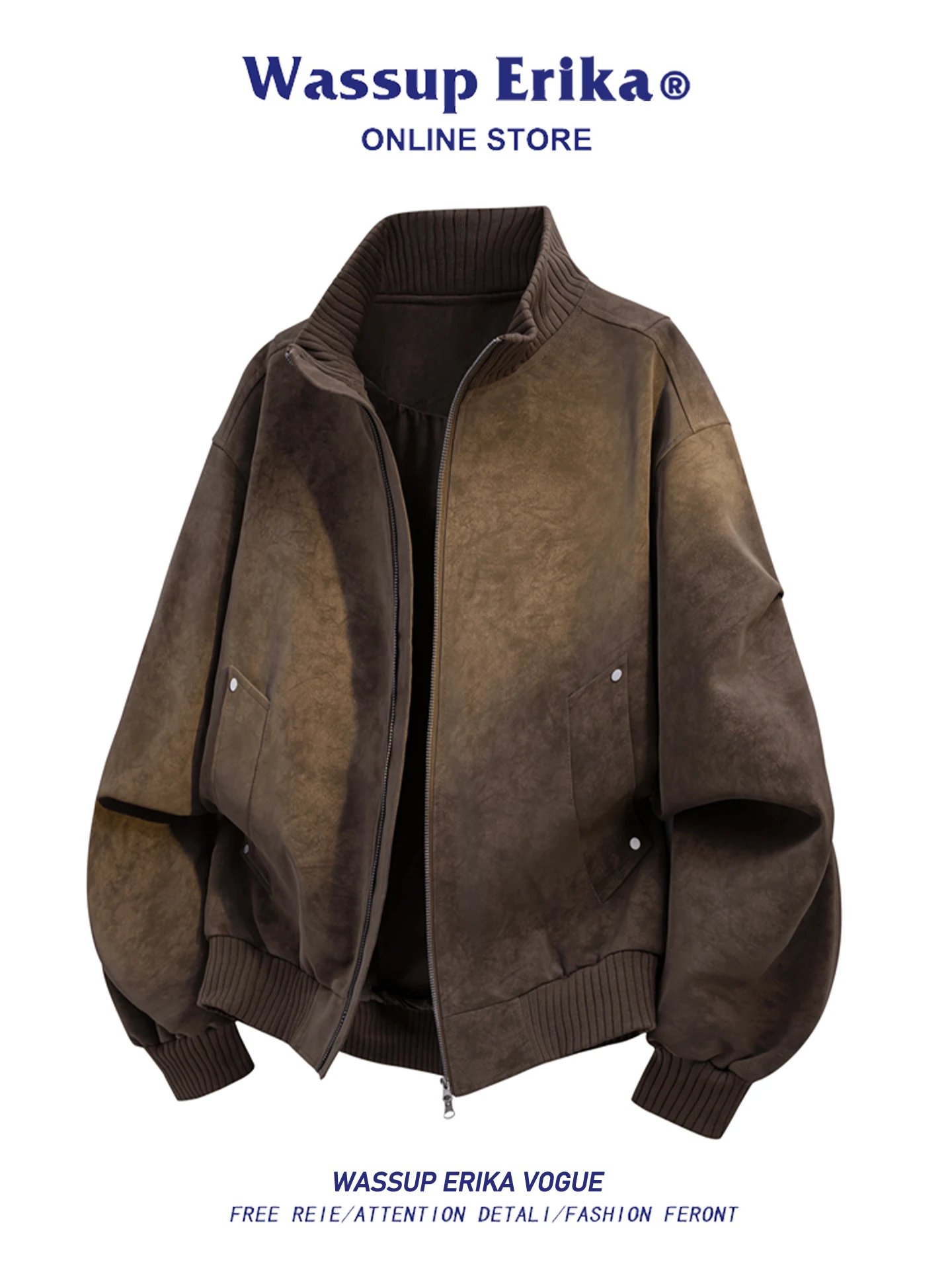 

Wassup Erika, мужская ретро-американская куртка из искусственной кожи с воротником-стойкой, верхняя одежда кофейного цвета, пальто на осень-зиму