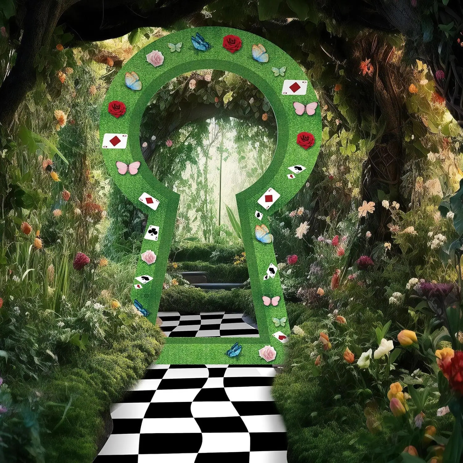 Wonderland Party Decorations Backdrop Wonderland Tea Party Fairy Green Grass Fence Door Banner Photo Props Background for Hallow view 3