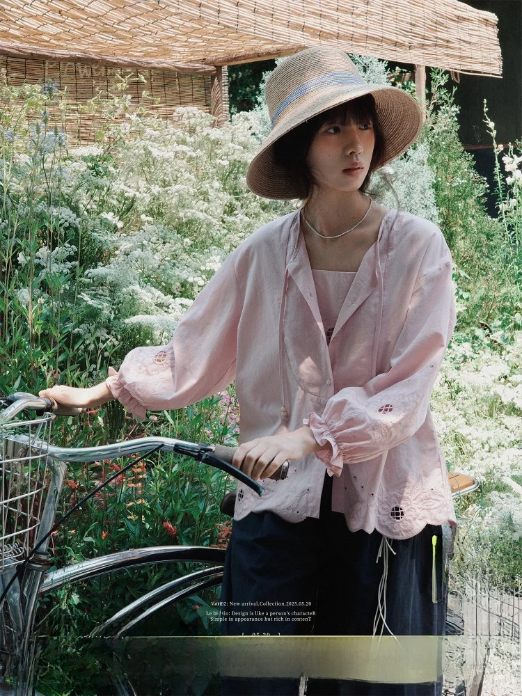 

Embroidered Hollow out Sun Protection irt V-Ne False Two-Piece Cotton Workwear French Sle Loose Fit Daily Wear Women's ...