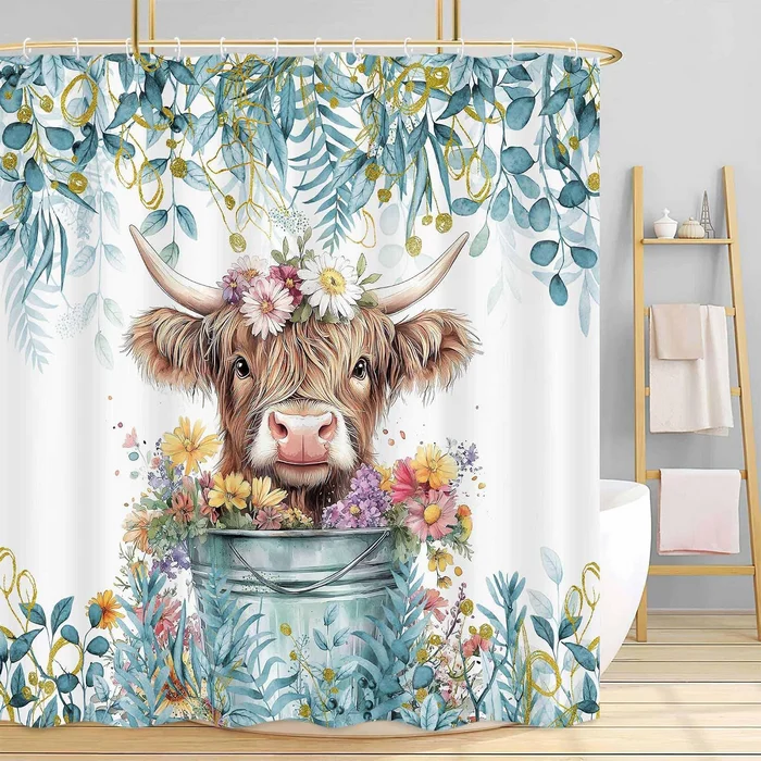 Highland Cow Shower Curtain, Funny Cute Art Cow Printed Rustic Country Farmhouse Floral Bathroom Curtain Decor, Waterproof