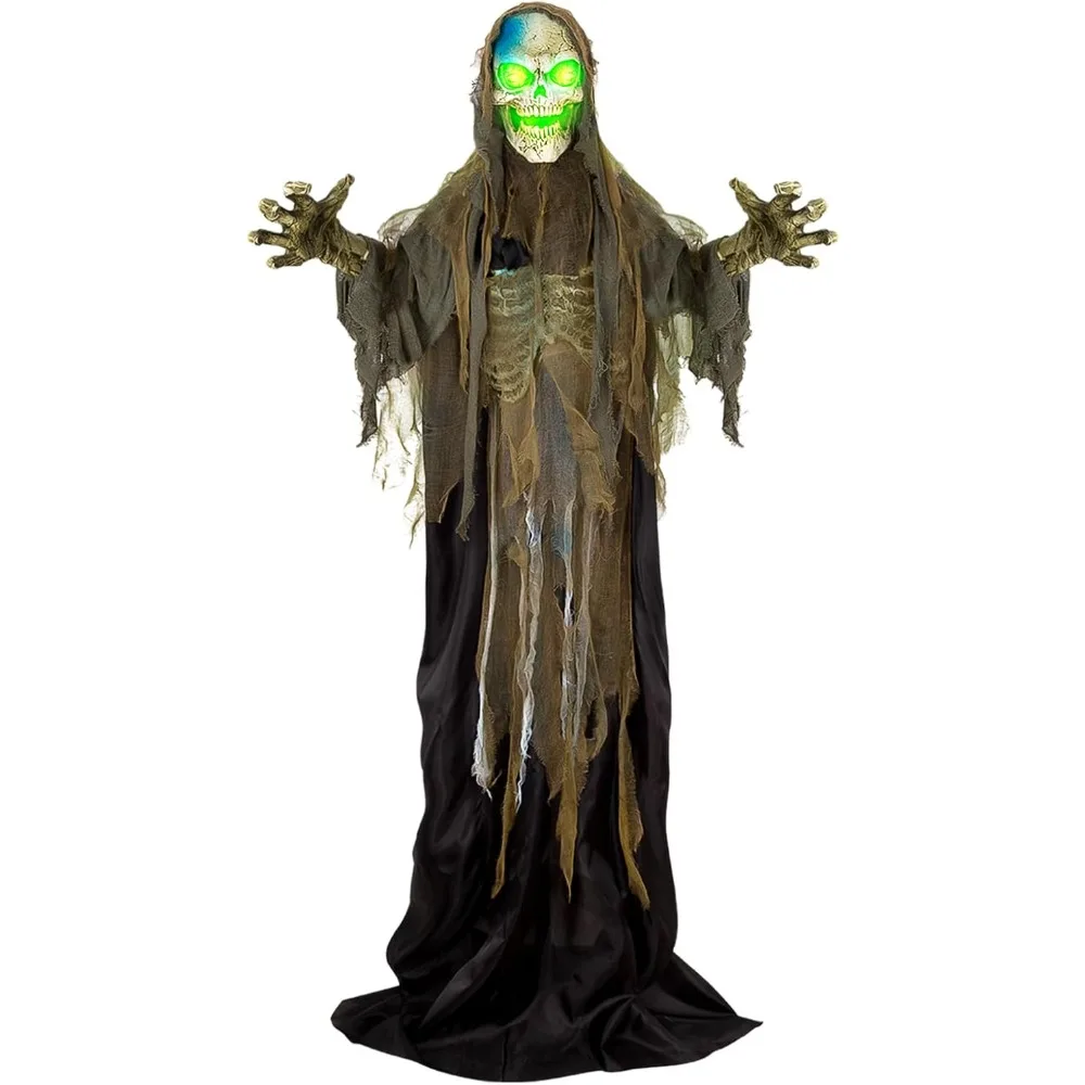 Life-Size 72 Standing Skeleton Animatronic with Sound, Touch-Activated Light-Up Eyes, and Motion for Halloween Decorations