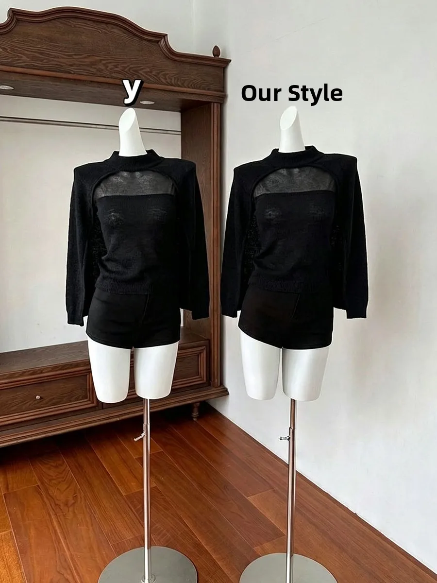 Women's Knitted Shawl Coat Casual Style High Waist Fake Two-Piece Semi-High Collar Transparent Black Top Thinming Versatile