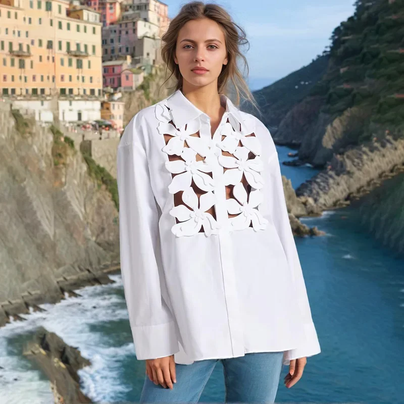 Summer New Fashion Casual Three-dimensional Flower Splicing Design Single-breasted Hollow Long-sleeved Stand-up Collar Shirt