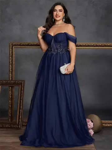 Plus Size Elegant Sleeveless Tulle Square Collar Applique Slit Evening Dresses Luxury Formal Bridesmaid Family Party Prom