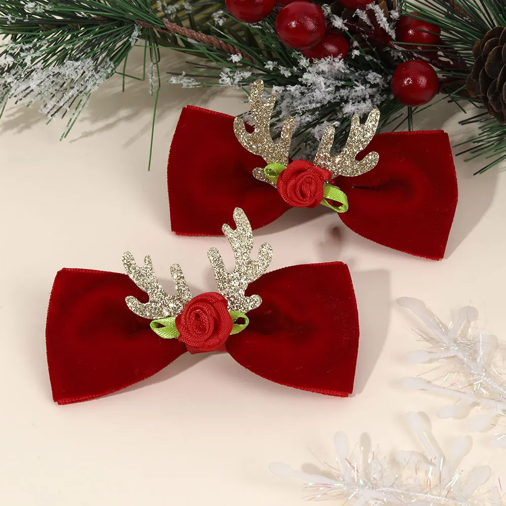 2PCS Glitter Christmas Elk Antlers Hair Clip For Baby Girls Velvet Bow Hairpin Jingle Bells Hairgrip Children New Year Gifts