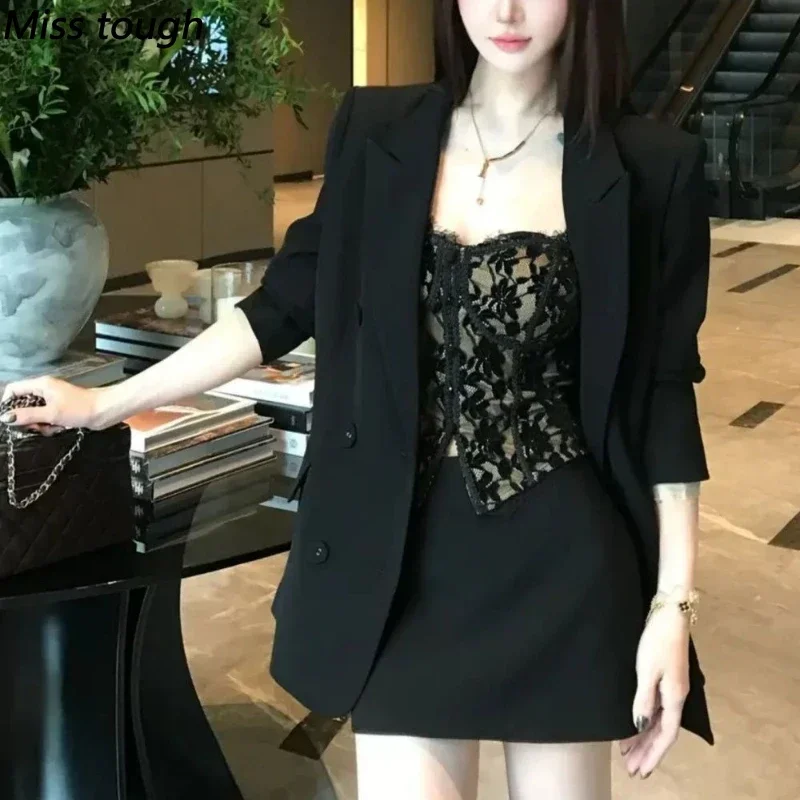 Elegant Vintage 3 Piece Set Women Lace Trim Cami Tops + High Waist Bodycon Mini Skirt Slim Fit Y2k Korean Fashion Sweet Outfits