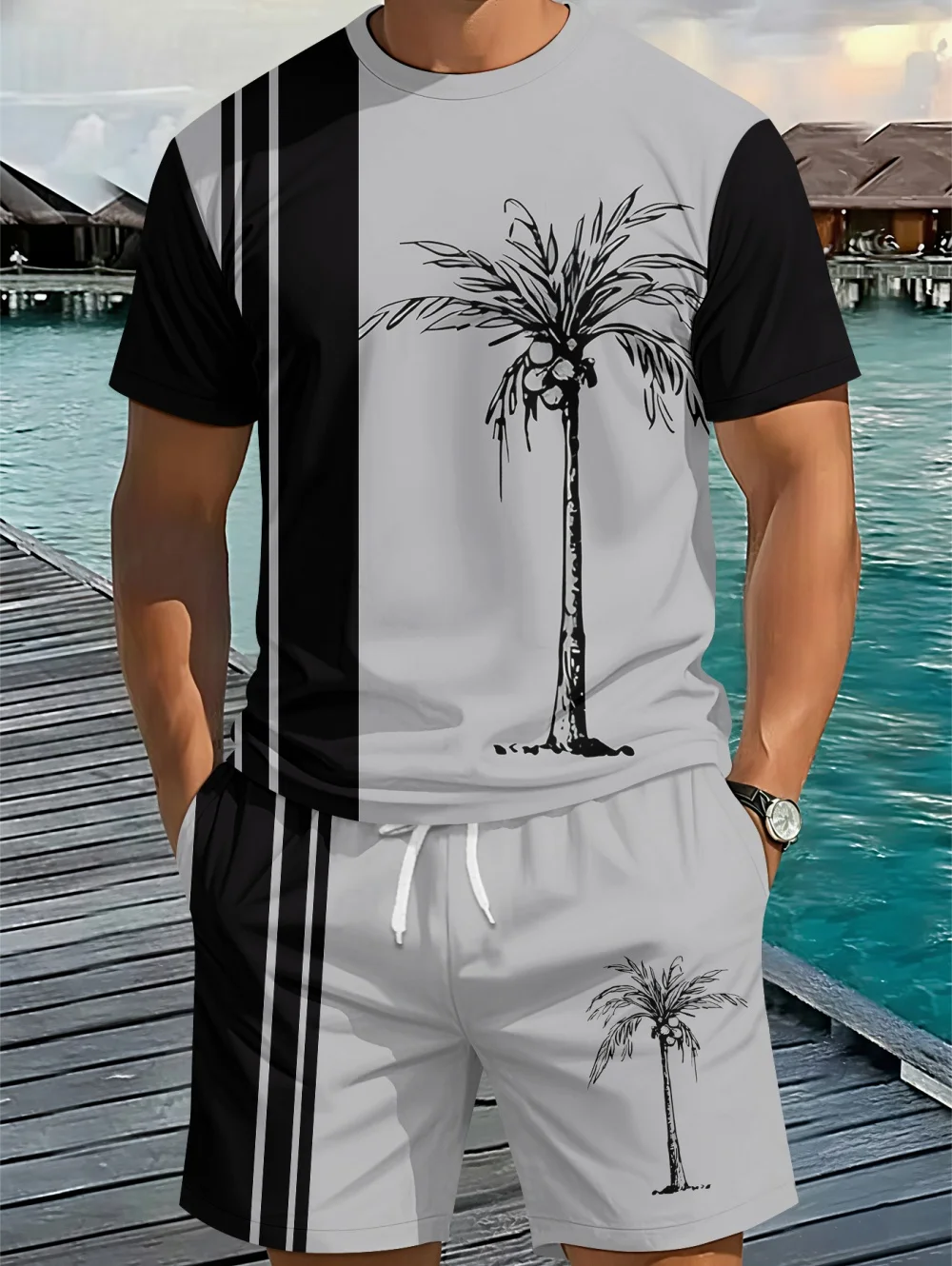 

Men's 2 Piece Set Hawaiian Fashion Men's Short Sleeve T-Shirt Shorts Set Coconut Tree Print Hawaiian Vacation Men's Summer Set