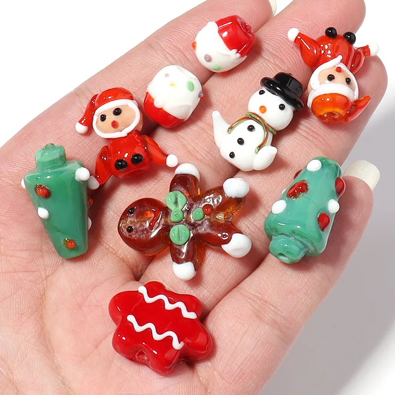 2 Stück Lampwork Glasperlen Weihnachtsbaum Schneemann Mehrfarbige Emaille Perlen für Charm Schmuckherstellung DIY Weihnachtsgeschenke Zubehör