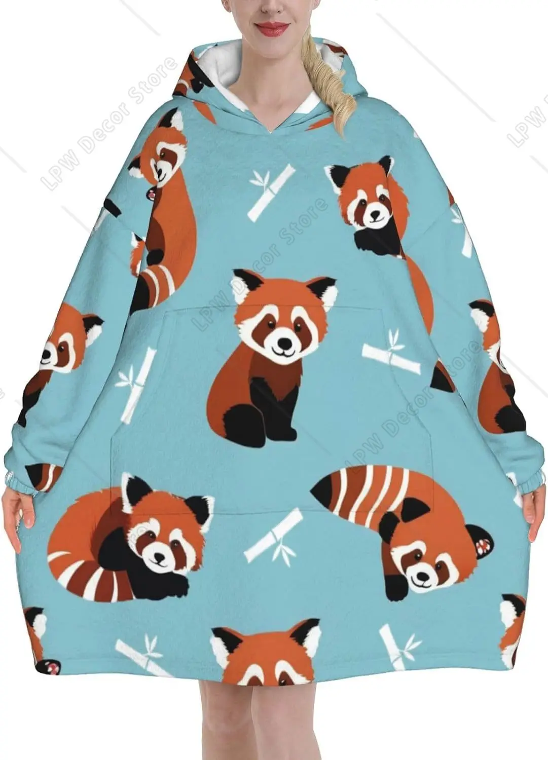 Cute Red Panda Wearable Blanket Hoodie For Adults Panda Painted Oversized Sweatshirt Blanket  With Pocket