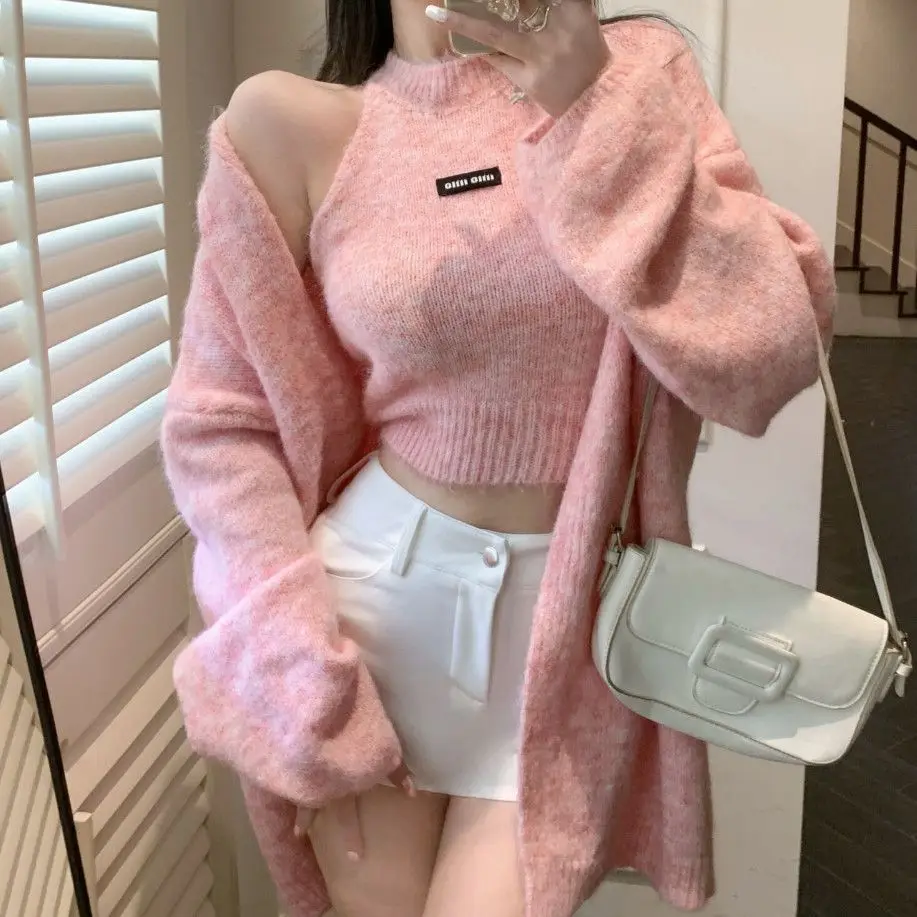 

Модный однотонный кашемировый свитер, женский свободный теплый кардиган с длинными рукавами + вязаная майка без рукавов, осенние нежные повседневные топы