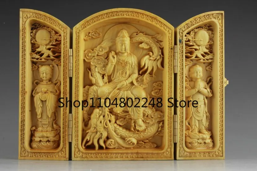 Superb China Collectable Handmade Carving Boxwood Bow Bodhisattva Statue
