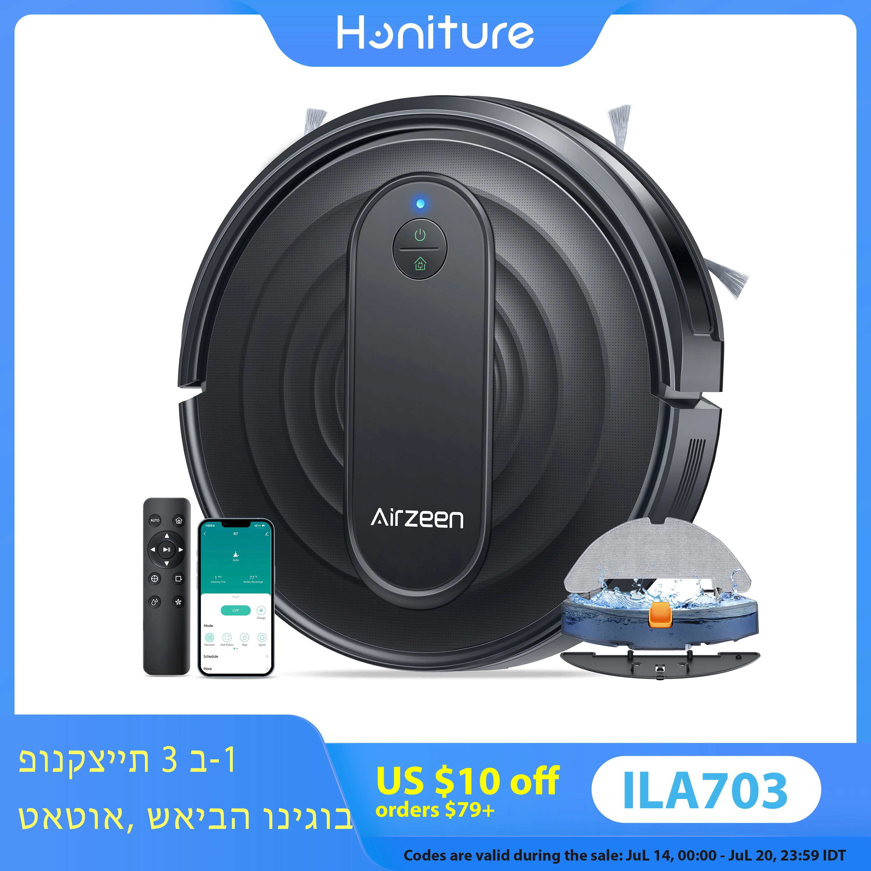Airzeen Robot Vacuum and Mop Combo 3000Pa 150 Mins App Control Scheduled Cleaning Self-Charging Wi-Fi Connected Robotic Vacuum