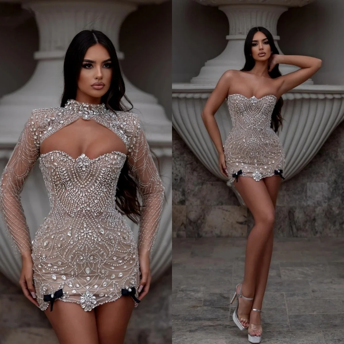 

Роскошные вечерние платья с кристаллами и бисером, платья для выпускного вечера со съемными рукавами, иллюзия, без бретелек, короткие платья по индивидуальному заказу, Vestidos De Noche