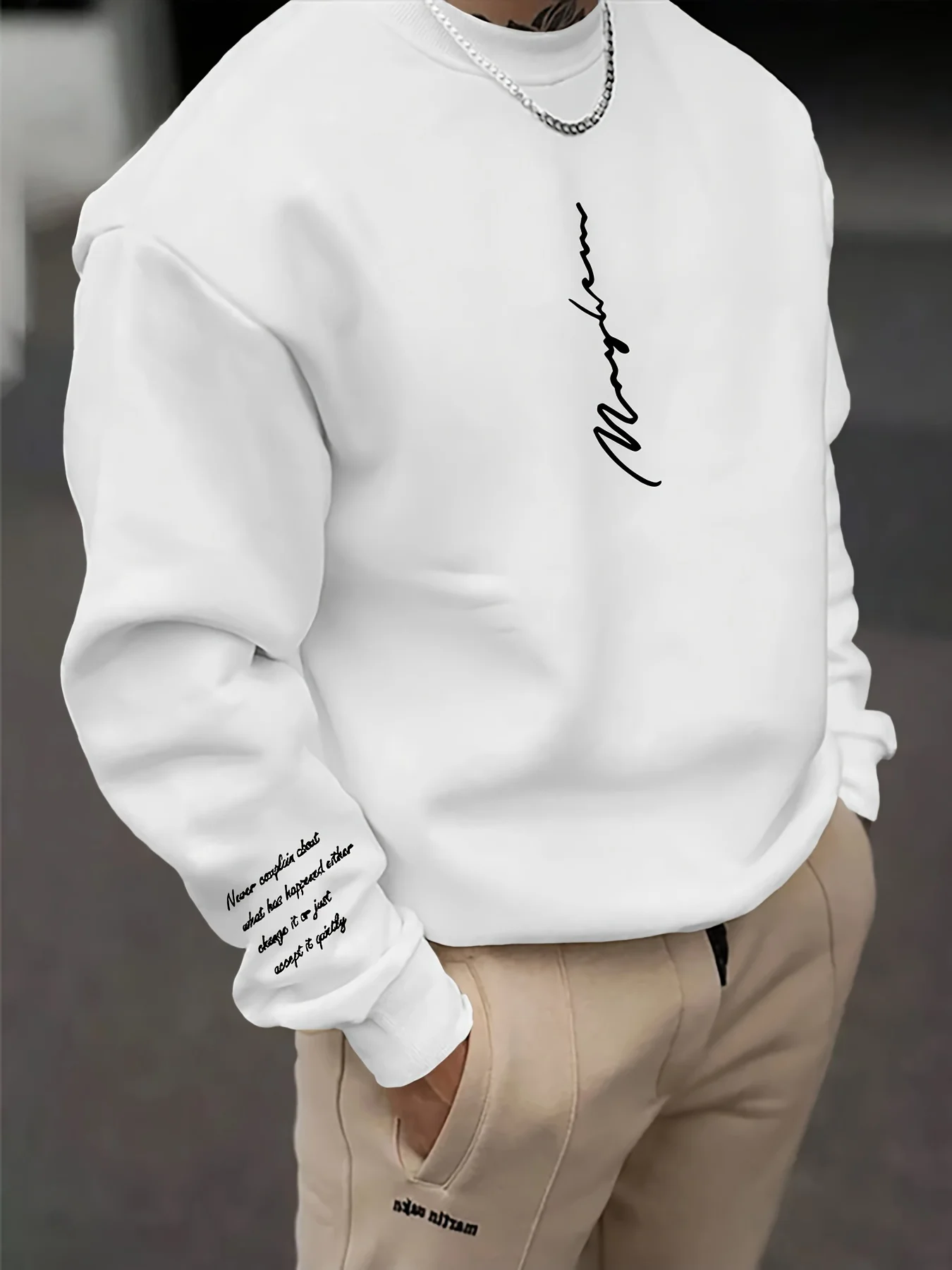 New men's autumn minimalist letter stripe printed micro elastic comfortable round neck long sleeved Tshrit outdoor casual top