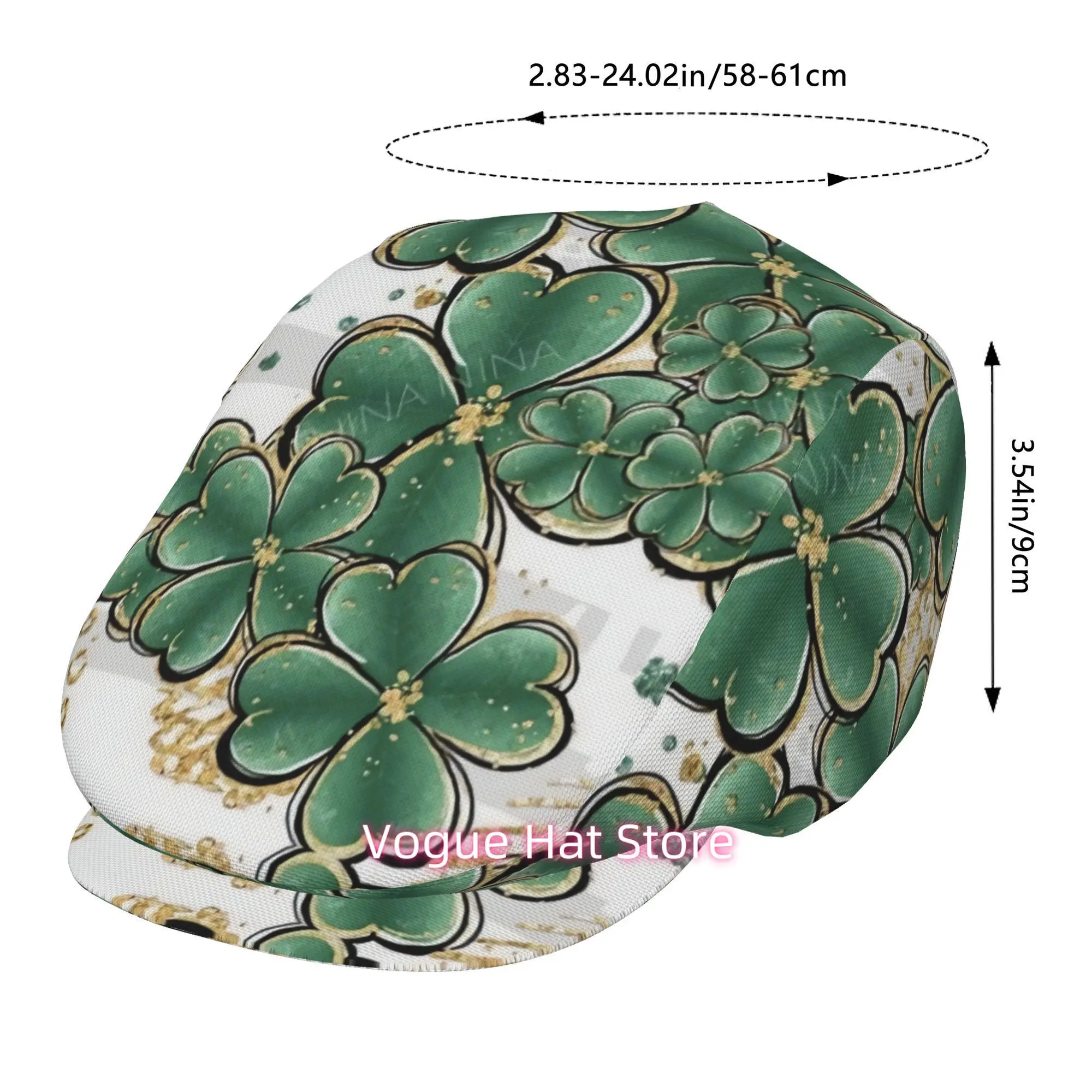 1pc Green Clover Golden Pattern All-over printed beret, men and women Adjustable Flat Cap suitable for all seasons Newsboy Beret