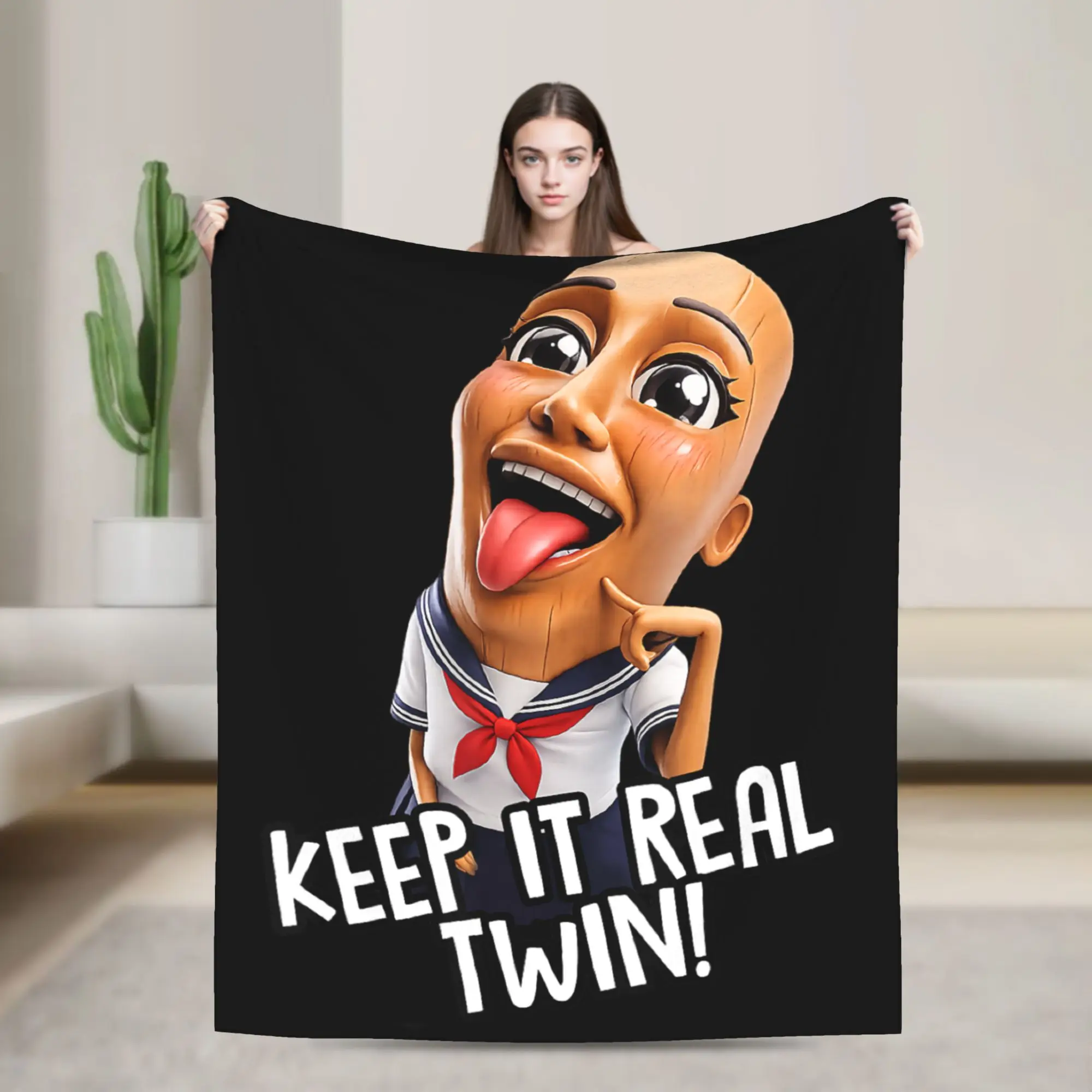Keep It Real Twin Tung Tung Sahur Chan Brainrot Meme Warm Cozy Blanket Novelty Picnic Bedding Throws Couch Bed Flannel Bedspread
