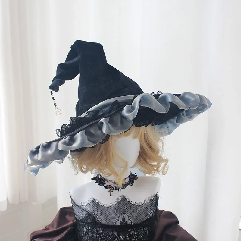 Handmade Halloween Magic Wizard Hat Witch Hard Girl Cospaly Demon Big Bow Spire Cap