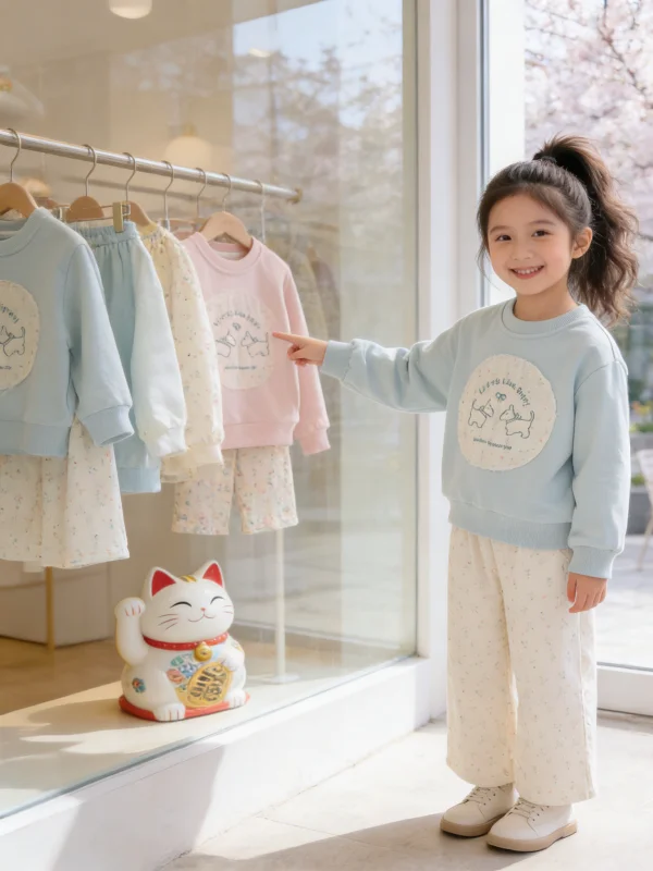 

Spring 2026 Girls' Sweetly Embroidered Patchwork Sweatirt And Loose Straight Leg Pants Floral Print Two-Piece Faion Set