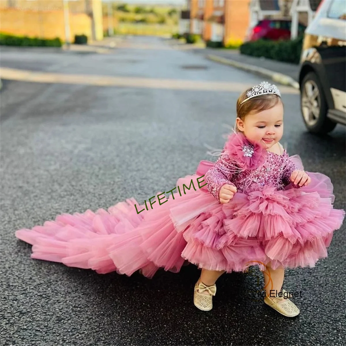 Detachable Train Flower Girl Dresses Toddler Communion Dresses Girls 2023 Summer Sequined Full Sleeve فساتين اطفال للعيد Beading