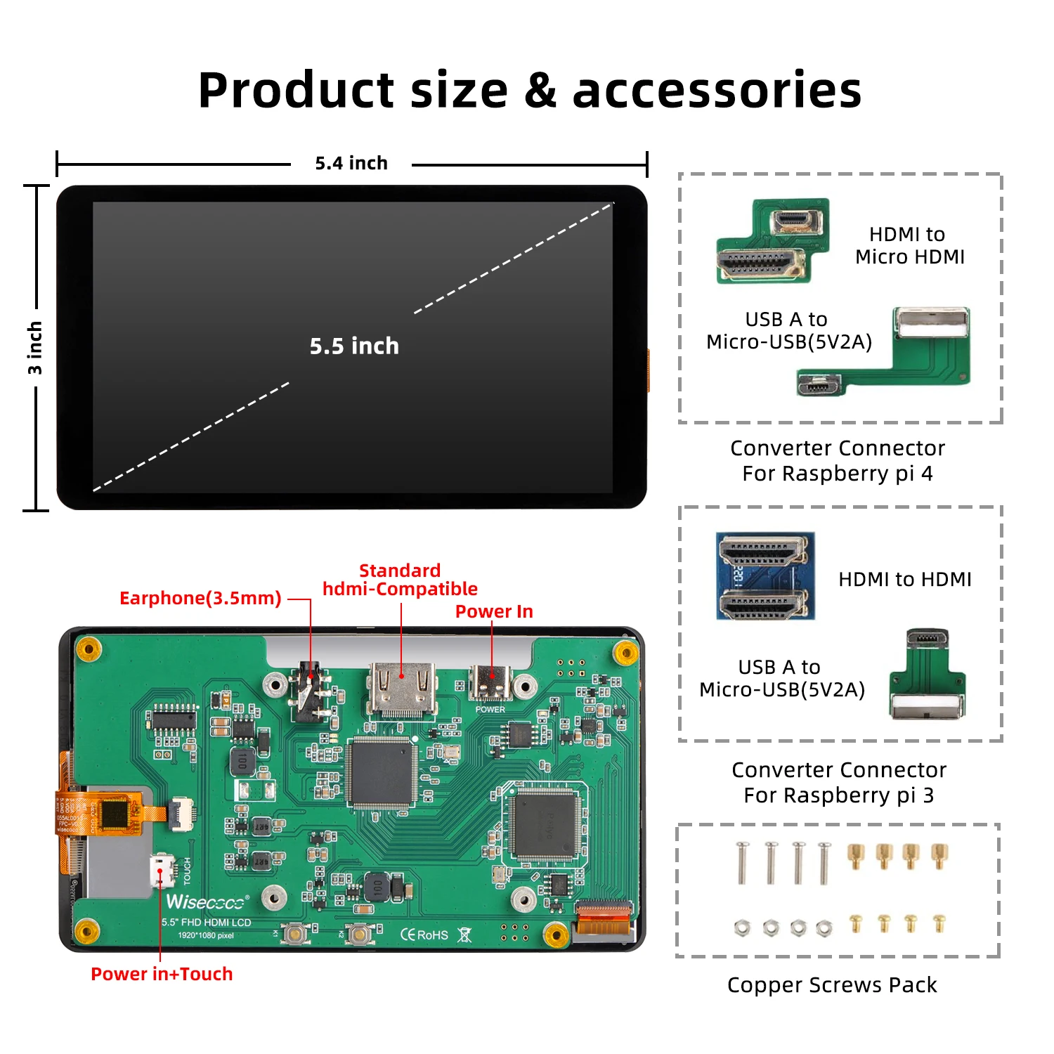 Imagem -05 - Monitor Ecrã Tátil Lcd Portátil Horizontal 1920x1080 Raspberry pi 4b 3b Zero 3b Mais 3a Plus Suporta Linux Android 5.5