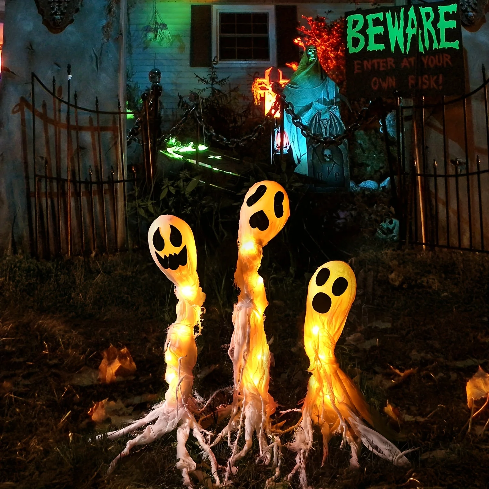3 Pack Lighted Up Halloween Decorations Outdoor Ghost Yard Stakes Spooky Battery Operated Home Patio Lawn Decor