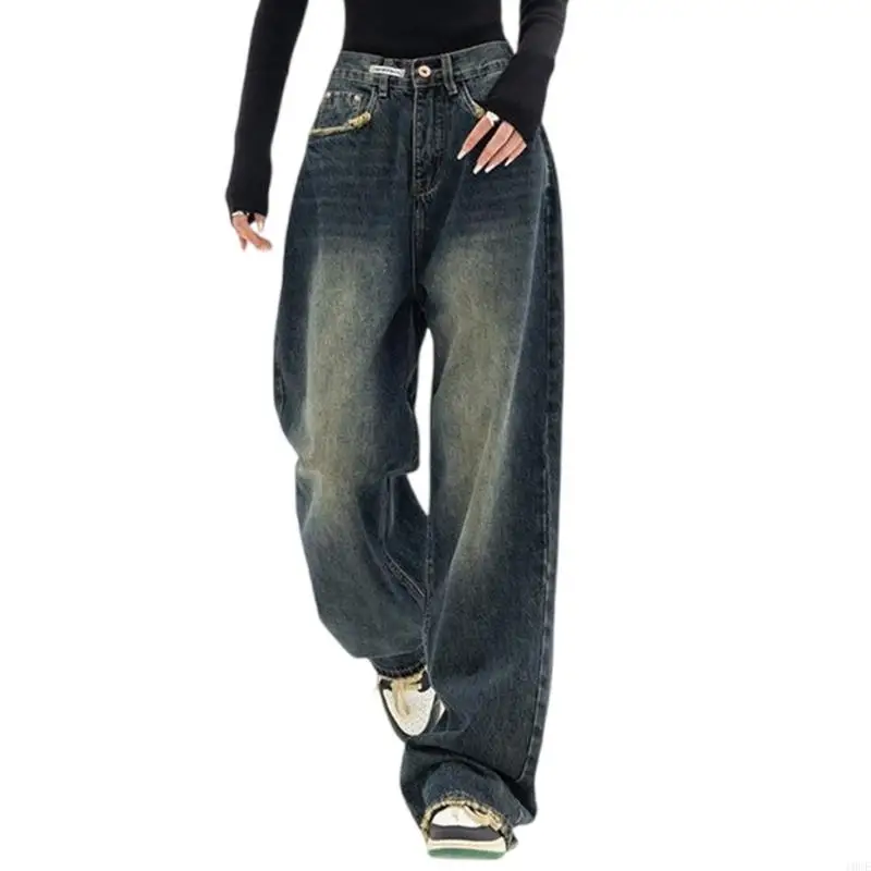 Womens Retro High Waist Wide Leg Straight Jeans Baggy Long Pants Denims Trousers 