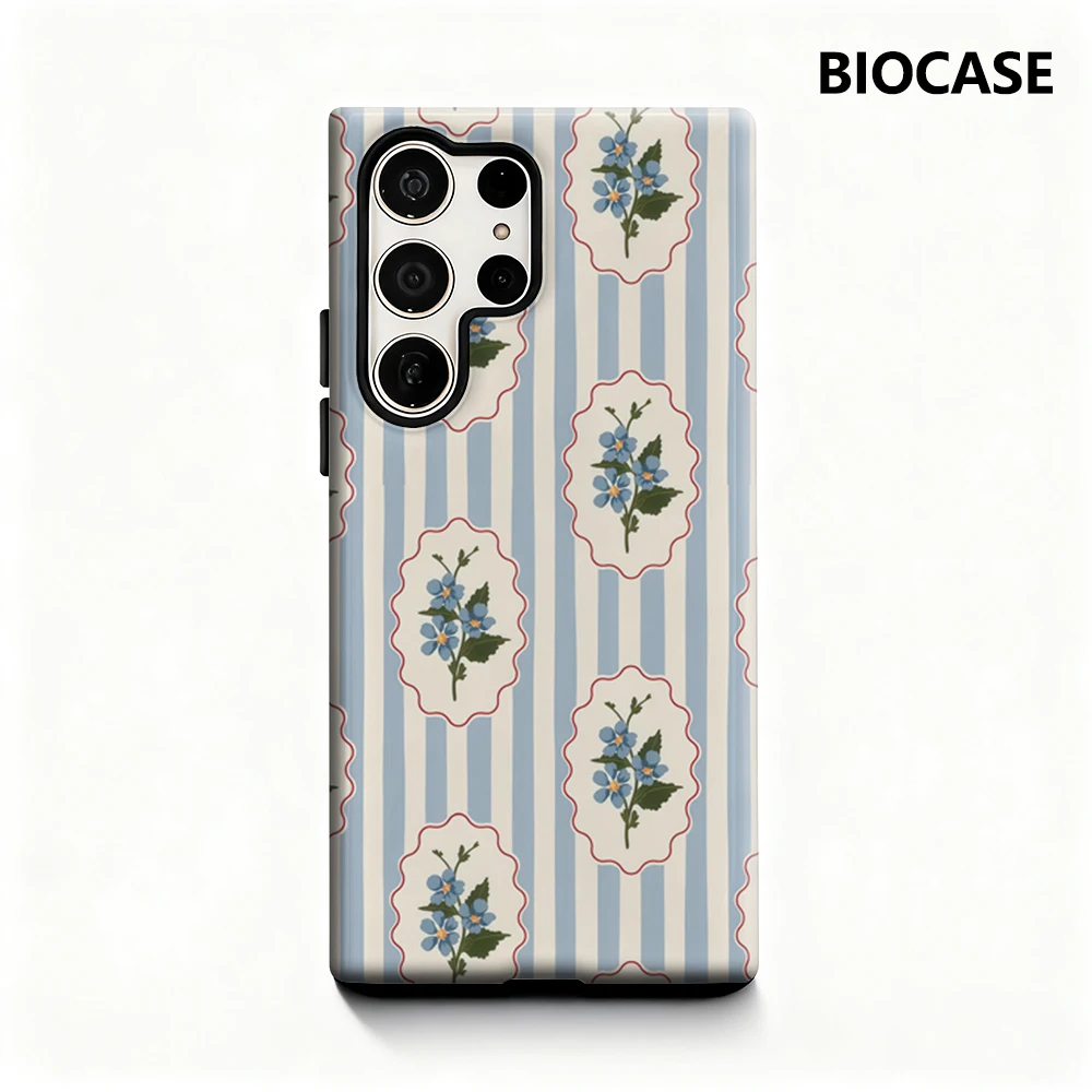 Blaue Blumenabzeichen, blaue weiße Streifen, Handyhülle für Samsung Galaxy S25 Ultra S24 S23 Ultra Plus, glänzende doppellagige Rückseite