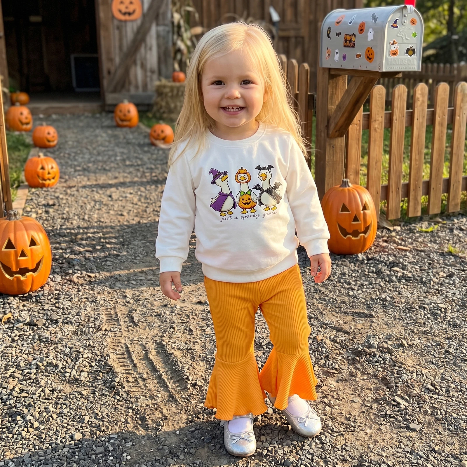 Toddler Girls Halloween Outfits Adorable Goose Letter Print Long Sleeve Crew Neck Tops and Elastic Waist Flared Pants Set