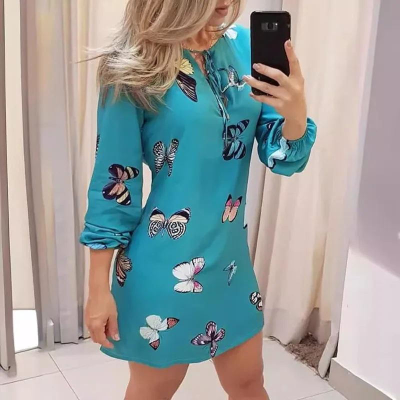 

2024 Spring Summer New Women's Clothing round Neck Tied Pullover Long Sleeve Printed Dress