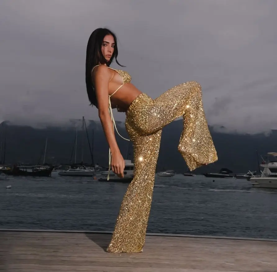 Drunk Sugar 2026 Spring Summer Women Sequin Bikini Set Deep V Push Up Swimsuit With Wide Leg Pants Sexy 2 Piece Beach Outfit view 4
