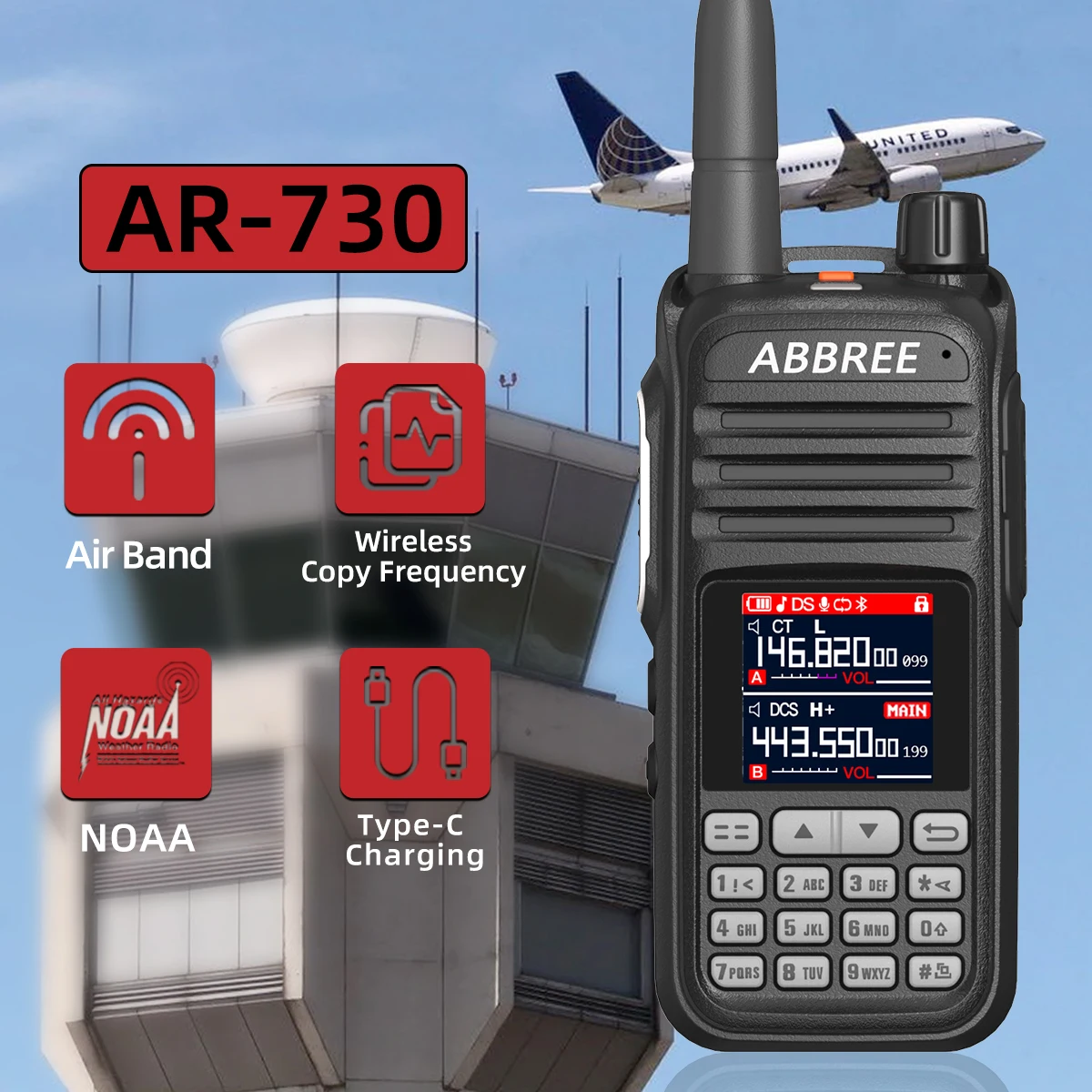 

ABBREE AR-730 6-полосная рация 256CH Air Band Беспроводное копирование частоты Type-C Зарядное устройство NOAA VOX Amateur Ham Двустороннее радио