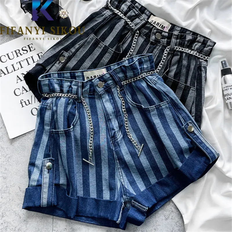 

Blue Stripe Denim Shorts Women Pocket Spliced Fashion High Waist Wide Leg Shorts Female Sumemr Casual Loose Jeans Shorts