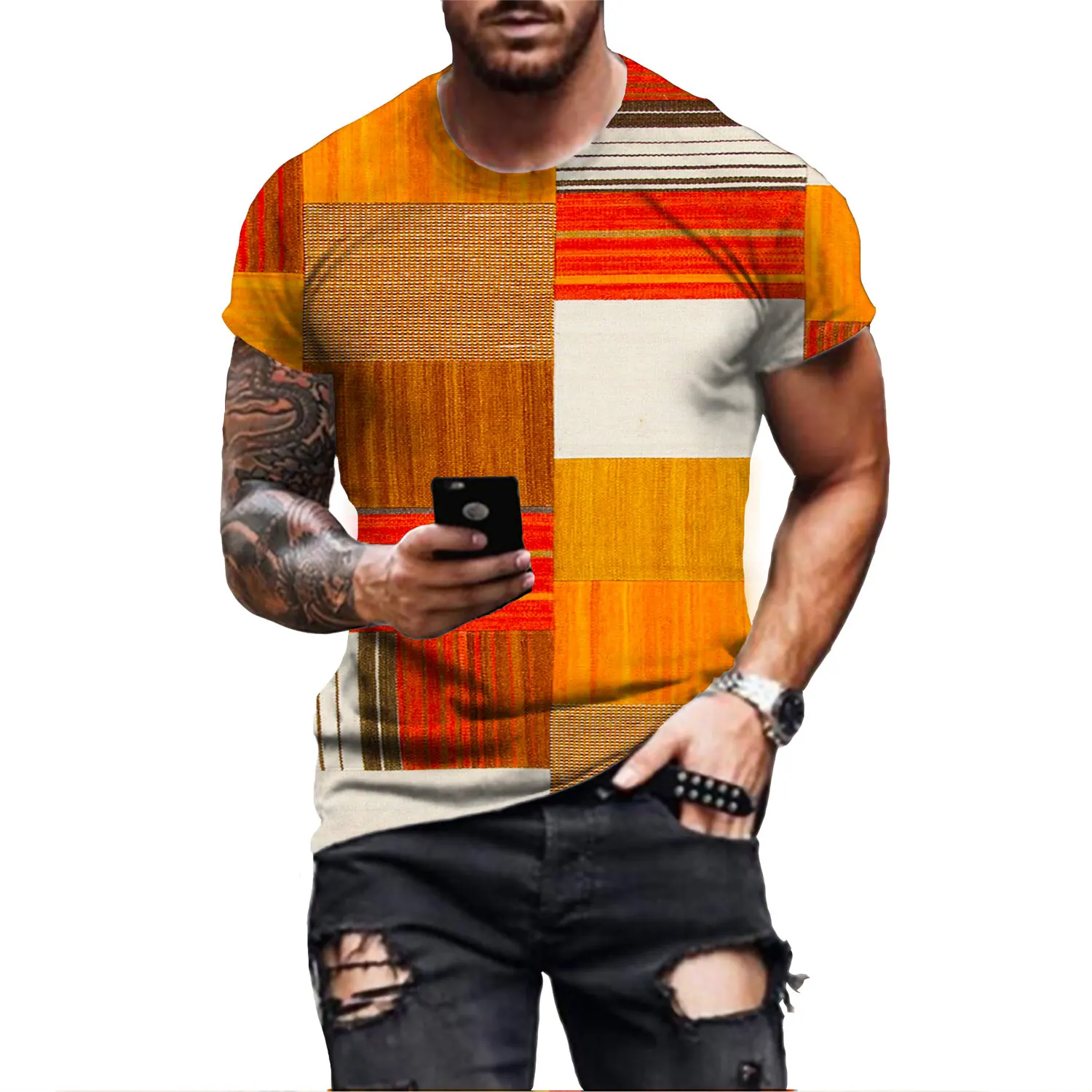 2022 Summer Fashion T-shirt Men\'s 3D Printed T-shirt Breathable Street Style Stitching Print T-shirt Men\'s tee