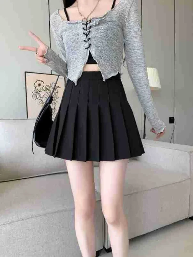 

Elastic High Waist Pleated Skirt Woman Black Gray Short A-Line Skirts Women Y2k Korean Summer Solid Color Mini Skirt 스커트