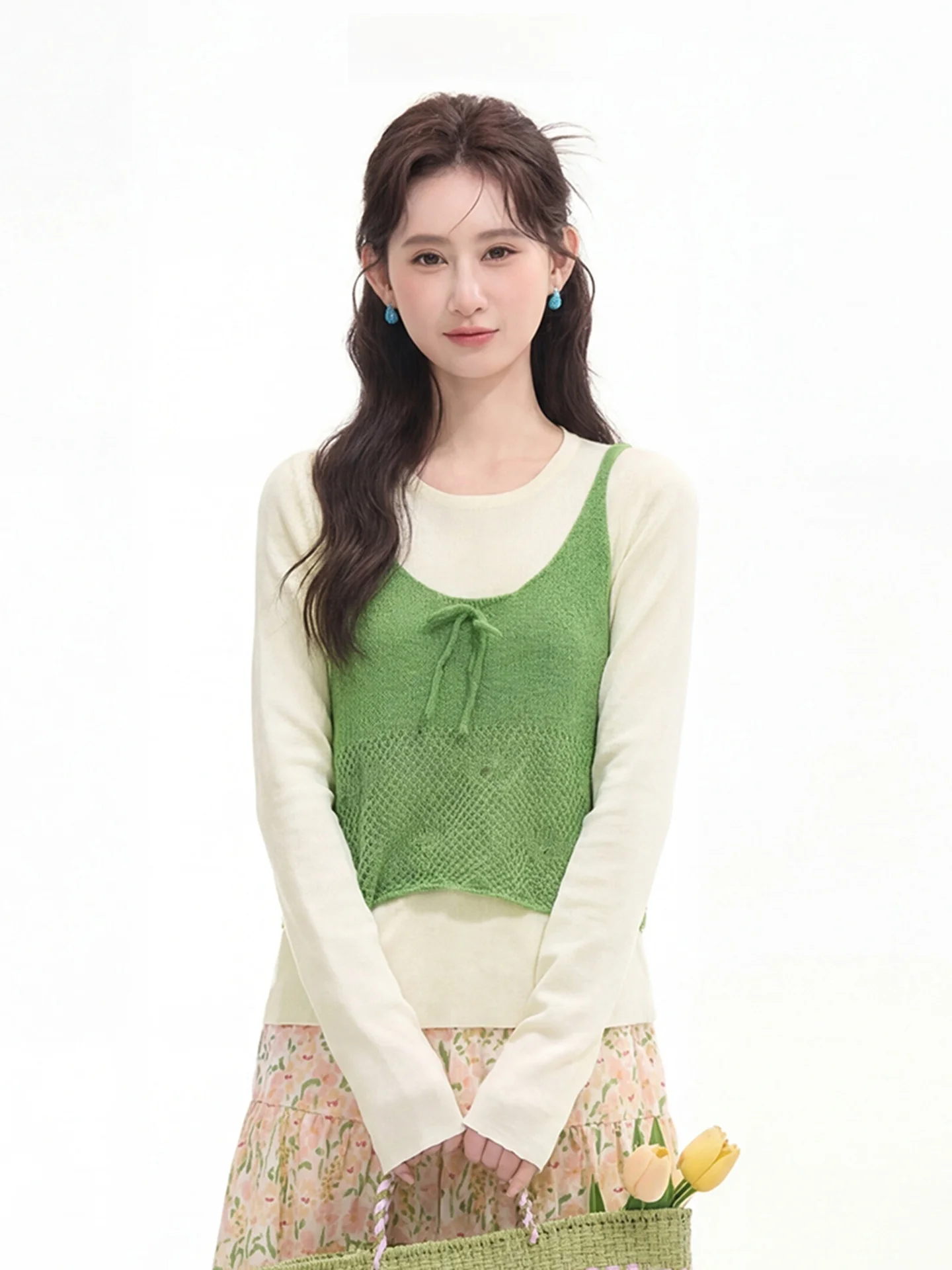 

Heme Spring Summer Knitted Camisole Tank Top And Base Shirt Two-Piece Set Women's Soft Cotton Knot Garden Series