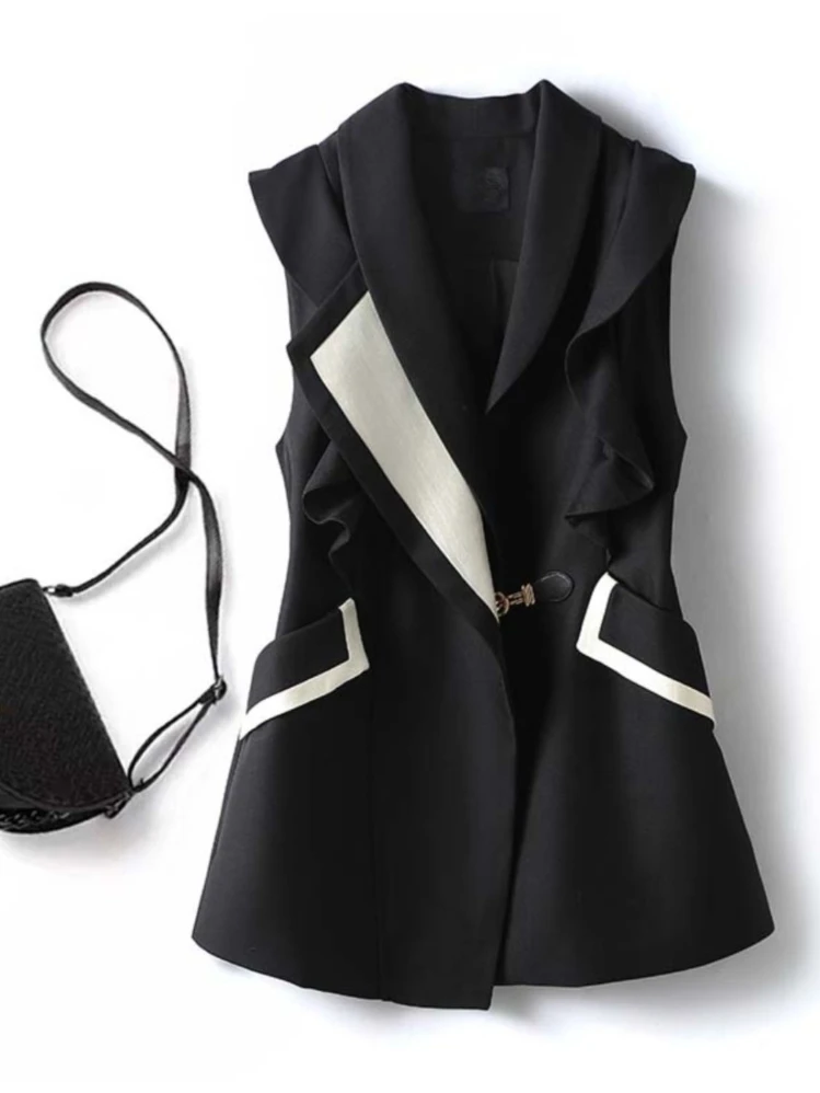 프랑스어 디자인 양복 조끼 민소매 프릴 대비 색 주머니 여성 슬림 코트 조끼 패션 우아한 2025 여성 의류