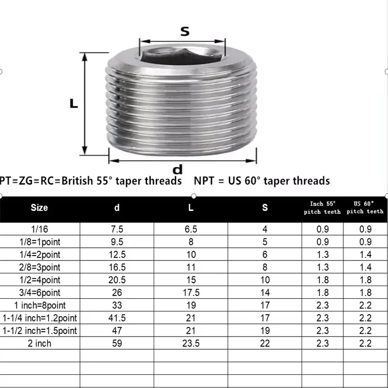 PT/NPT/G 1/16 1/8 1/4 3/8 1/2 3/4 1 1-1/4 1-1/2 2 Inch 304 External Thread Inner Hexagon Socket Allen Head Bolt End Cap Plug