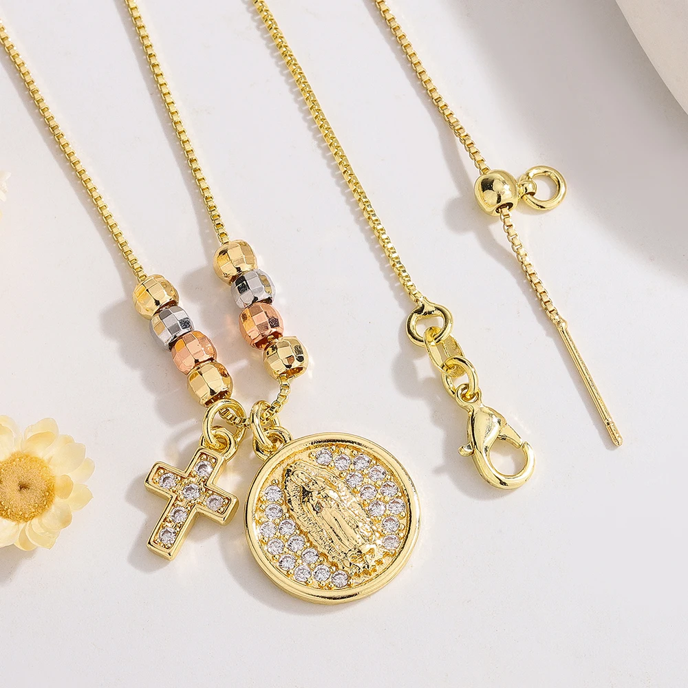 

Ruixi Fashion Personality Our Lady of St. Jude Clavicle Necklace Tricolor Beads Zircon Pendant Suitable for Women's Party Gifts