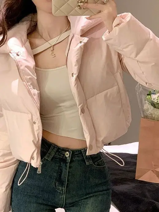 

Утепленная женская зимняя куртка с высокой талией, короткая, из хлопка, в корейском стиле, приталенная, с воротником-стойкой