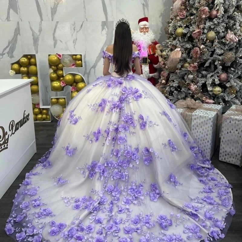 Lavender Off The Shoulder Ball Gown Quinceanera Dresses For Girls Beaded 3D Flowers Birthday Party Gowns Lace Up Back Graduation