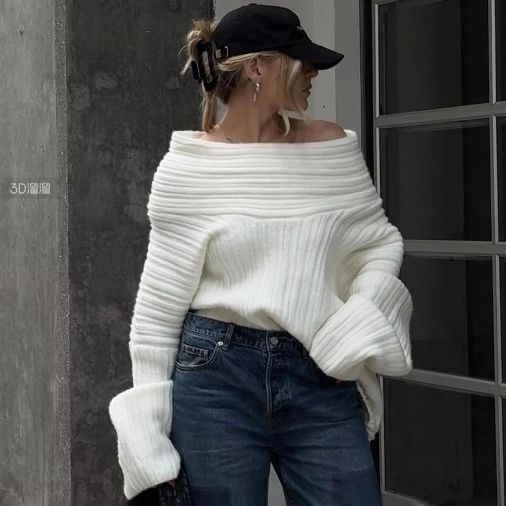 

Tuularose Long Sleeve Knit Sweater Women Autumn Winter Oversized Off Shoulder Pullover Street Fashion Vintage Loose Knitted Tops