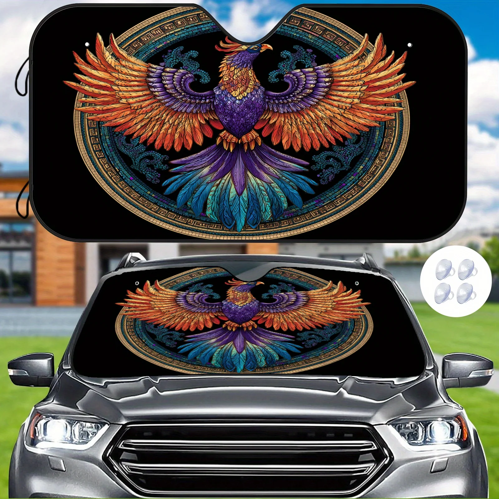 Colorful Feather Phoenix Totem Car Sunshade, Featuring A Vintage Pattern Design That Insulates And Reduces Heat, Helping To Regu